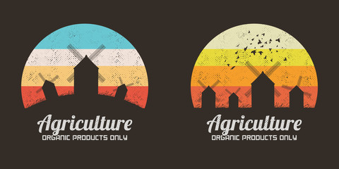 Windmills silhouettes. Retro backgrounds vector set. Rural landscape