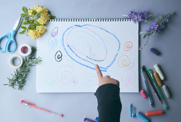 画用紙に絵を描くこどもの小さな手