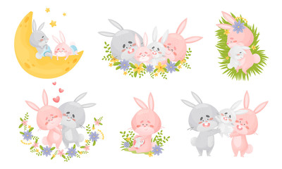 Rabbit Family with Bunny Mom and Dad Nursing Their Cubs Vector Set