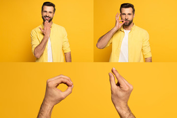Collage of man using sign language on yellow background