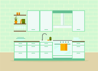 kitchen interior with furniture, flat vector illustration
