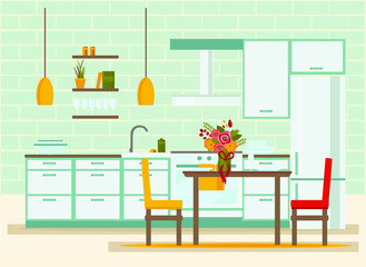 kitchen interior with furniture, flat vector illustration