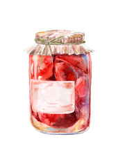 Glass of a canned tomato.Cooking ingredients.Watercolor hand drawn illustration.	
