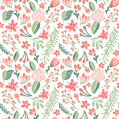 Flat floral background spring. Seamless vector pattern for design and fashion prints. Flowers pattern with small pink and red flowers on a light background. Ditsy style