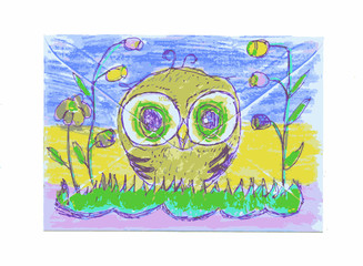 kid's arts- An owl and flowers on a blue background