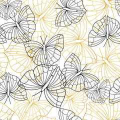 Gold and black butterfly outline seamless vector pattern