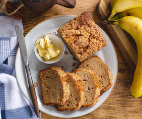 Sliced Banana Nut Loaf Cake on a Plate