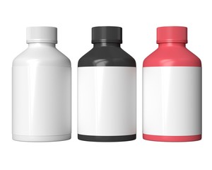 Set of plastic bottles mockup. Pharmacy containers template. Drugs with blank label