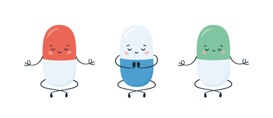 Antidepressant drugs in the meditation and yoga position. A remedy for depression. Funny vector kawaii cartoon characters isolated on white background © Elena Pimukova