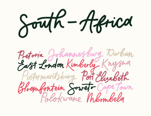 South African Cities and Town handwritten