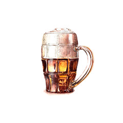 Watercolor illustration of a glass of beer on a white background
