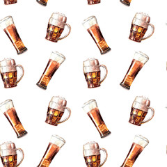 Watercolor illustration of a beer mug pattern on a white background