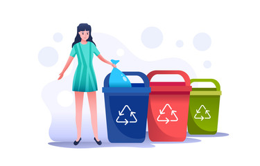 The girl throws a trash bag to the right container. Can be recolored to any standard. Correct behavior of sorting and waste collecting different types of trash. Flat colorful vector illustration.