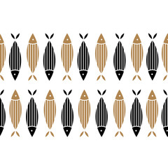 Vector seamless horizontal border with fish. Cute sardines.