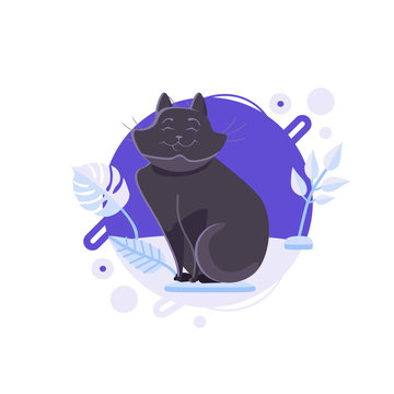 Cartoon Black Bombay Cat Standing On The Blue Platform. He Is Pleased And The Happiest Pet On This Planet. Completed And Isolated Vector Illustration.