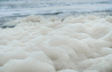 Fototapeta na wymiar Aerial sea foam lies on the seashore.