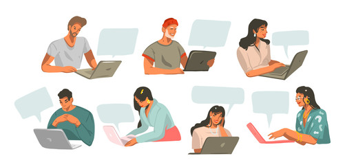 Hand drawn vector abstract stock graphic illustration collection bundle set with young smiling people working on laptop computers and chatting isolated on black background
