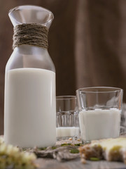 Rustic breakfast with milk and bread. World Milk Day on the first of June. Vertical shot.