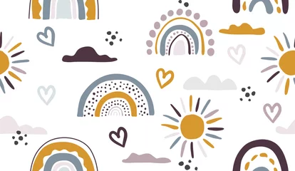 Wall murals Scandinavian style Seamless vector pattern with hand drawn rainbows and sun.