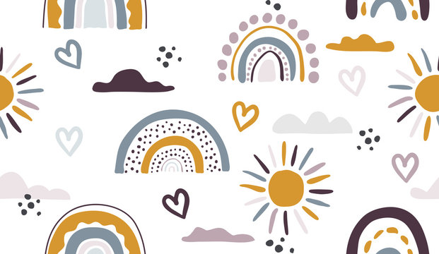 Seamless vector pattern with hand drawn rainbows and sun.