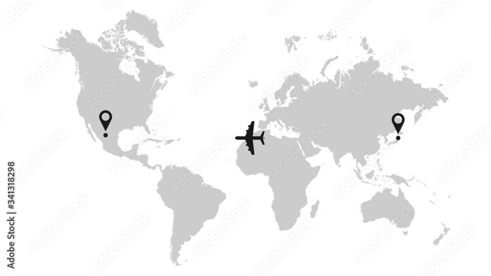 Poster Airplane flying on world map with location pin. 4K video animation with alpha channel.