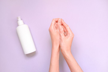 Washing hands using soap foam. Hand hygiene. A woman washes his hands with soap, antibacterial protection