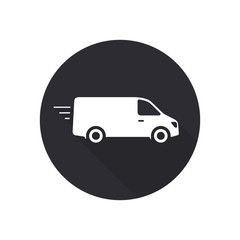 Delivery Van truck icon, minibus isolated on black round background with long shadow. Vector flat illustration