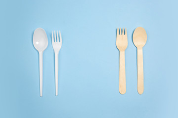 Spoons and forks. Eco-friendly life - organic made recycle things in compare with polymers, plastics analogues. Home style, natural products for recycle and not harmful to the environment and health.