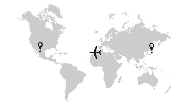 Airplane flying on world map with location pin. 4K video animation with alpha channel.