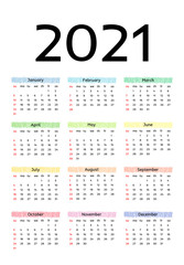 Calendar for 2021 isolated on a white background