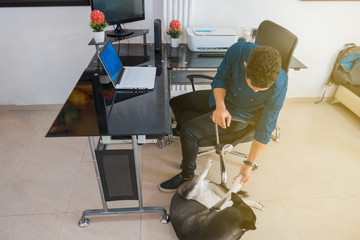 A man working at home and playing with his dog.