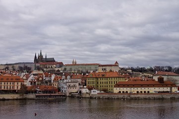 Panoramic view of Mala Strana  quarter with the castle, from the Charles Bridge on the Vltava river...