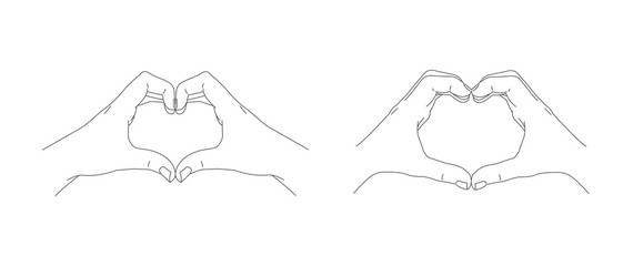 Male and female hands making a heart gesture from fingers, line illustration of love symbol, sketch graphic