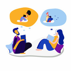 Virtual relationships, online Dating, and the concept of social networks. Couple is sitting with gadgets. Love. Vector illustration in flat design style.