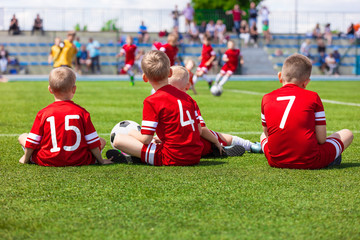 Junior Level Kids Sports Team Sitting on Grass Field. Football Soccer Children Players Standing...