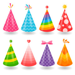 Set of colorful party hats isolated on white