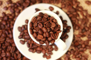 Closeup of dark roasted coffee beans in white cup for espresso. Object, top view, blurred background. Agriculture, coffee shop, roast concept