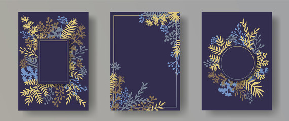 Tropical herb twigs, tree branches, flowers floral invitation cards templates. Herbal corners creative invitation cards with dandelion flowers, fern, lichen, olive branches, savory twigs.
