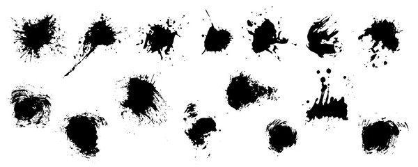 Brush strokes ink and blots, black paint, set. Vector illustration