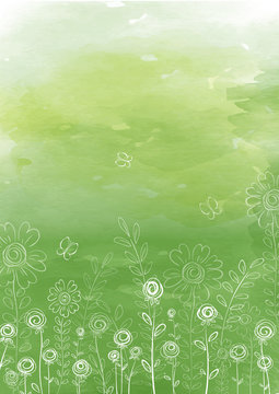 Summer background with linear doodle flowers and herbs on a green watercolor texture background. Manual sketch drawing. Vertical rectangular template for text or photo.