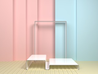 Scene with geometrical forms, flexible forms in pastel colors, 3D rendering.