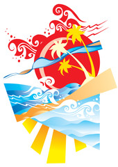 Obraz na płótnie Canvas abstract illustration of the beach, sea, sun and palm trees, atmosphere, vector illustration,