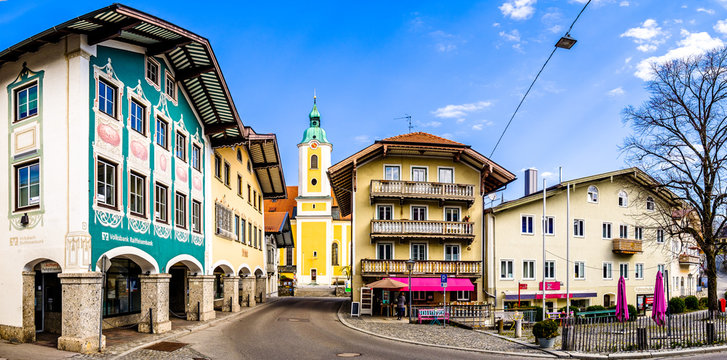 Miesbach, Germany - April 12: typical historic bavarian buildings at the old town of Miesbach on April 12, 2020