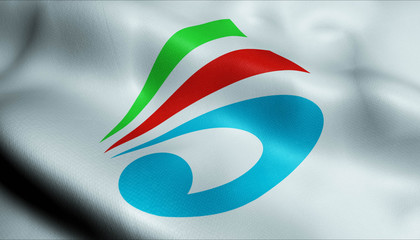 3D Waving Japan City Flag of Saiki Closeup View
