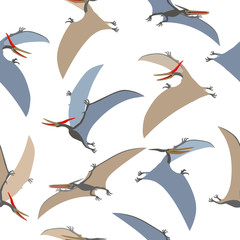 seamless pattern of a prehistoric reptile of the Jurassic period, flying grey pterodactyl with wings and a crest, color vector illustration isolated on white background in cartoon and hand drawn style