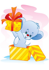 cute little mouse peeks out of a surprise box with a gift in its paws, vector illustration,