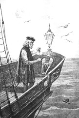 Columbus on a ship sailing to America in the old book Christopher Columbus, by A. Kalmykova, 1896, S.-Petersburg