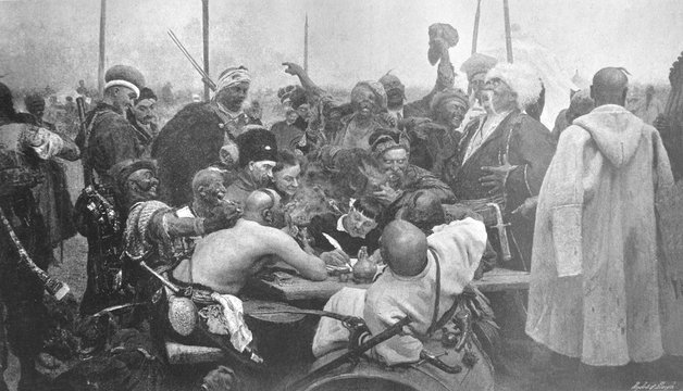 Reply of the Zaporozhian Cossacks to Sultan Mehmed IV of the Ottoman Empire by Ilya Repin in the old book The European Pictures, 1894, London