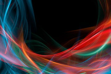 Multi-colored smoky waves on a black background. Creative abstract background with place for text, copy space.