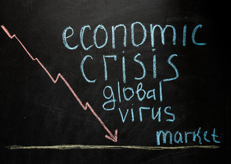 corona crash hand-drawn graph on chalkboard showing stock market collapse or financial economy crisis caused by coronavirus. Global crisis. Bank collapse. Money risk. Virus and economy. Covid